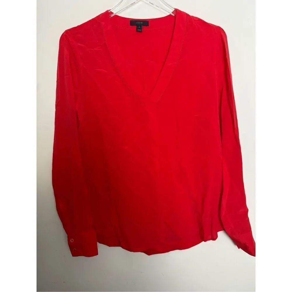 J. Crew Red ‘Drapey V-Neck 100% Silk Long Sleeve Blouse’ Size 6 Colorful Valenti